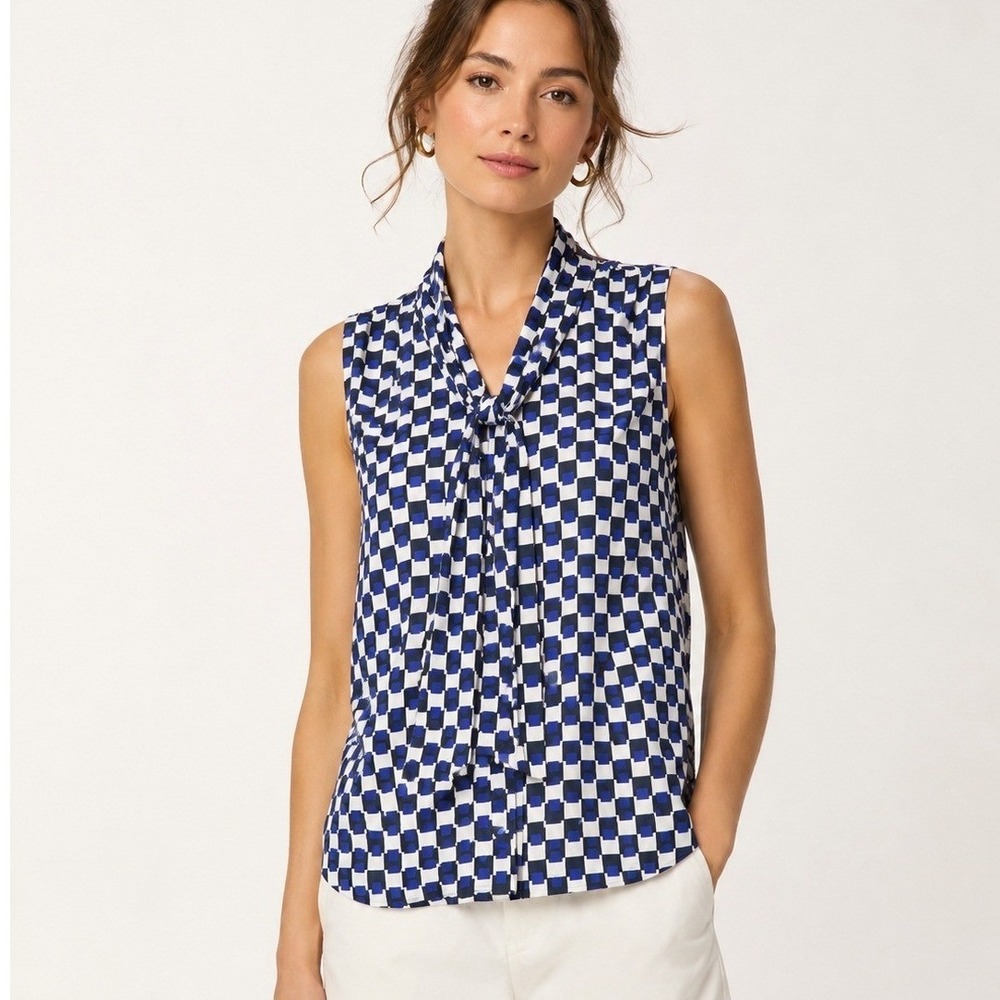 Banana Republic Women Sleeveless Tie Neck Blouse S Blue Geometric Checkerboard